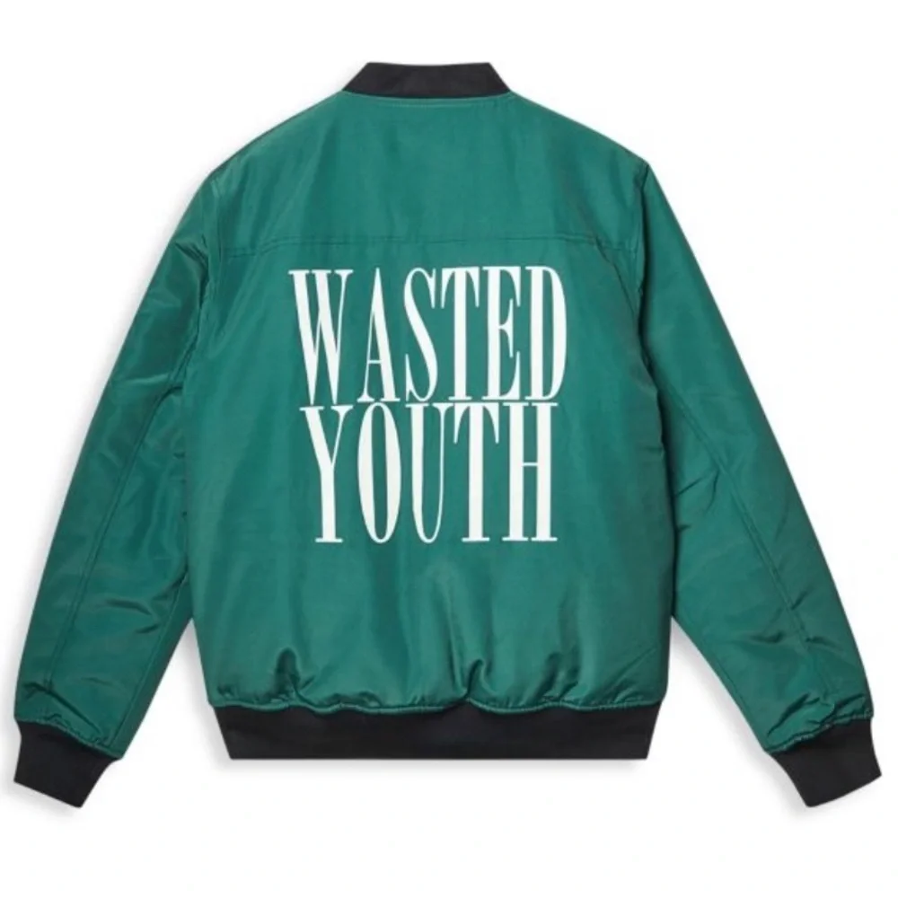 NEW WESC wasted youth logo print bomber jacket in green